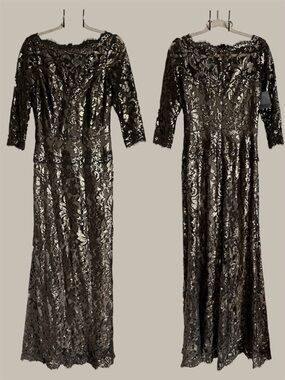 Tadashi Shoji sequin Lace Formal Full Length Gown in metallic bronze NWT Size 4